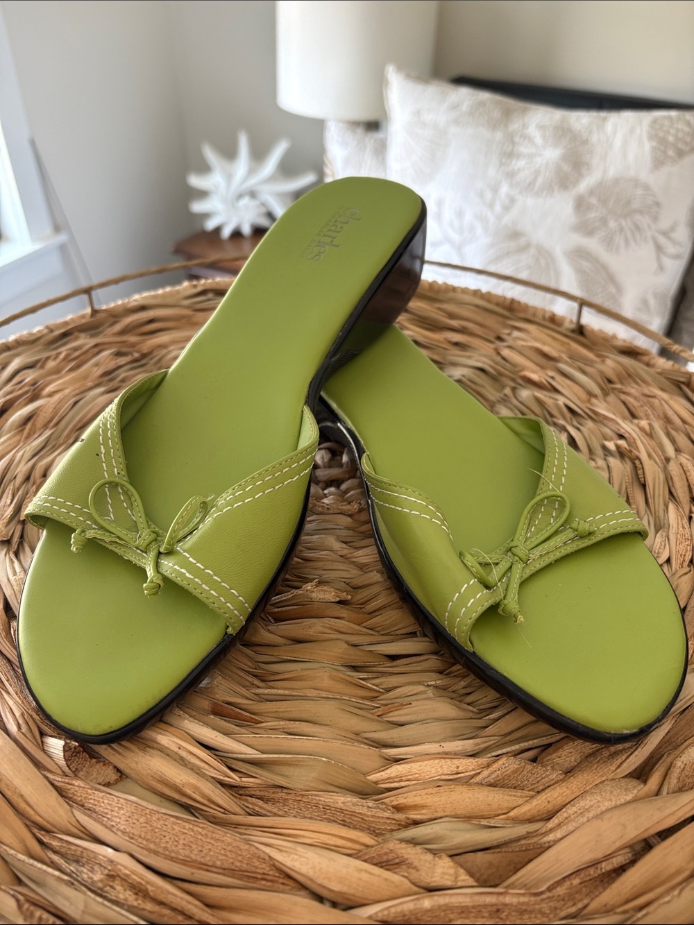 Charles by Charles David Bright Green Slide Sandals with Bow Detail